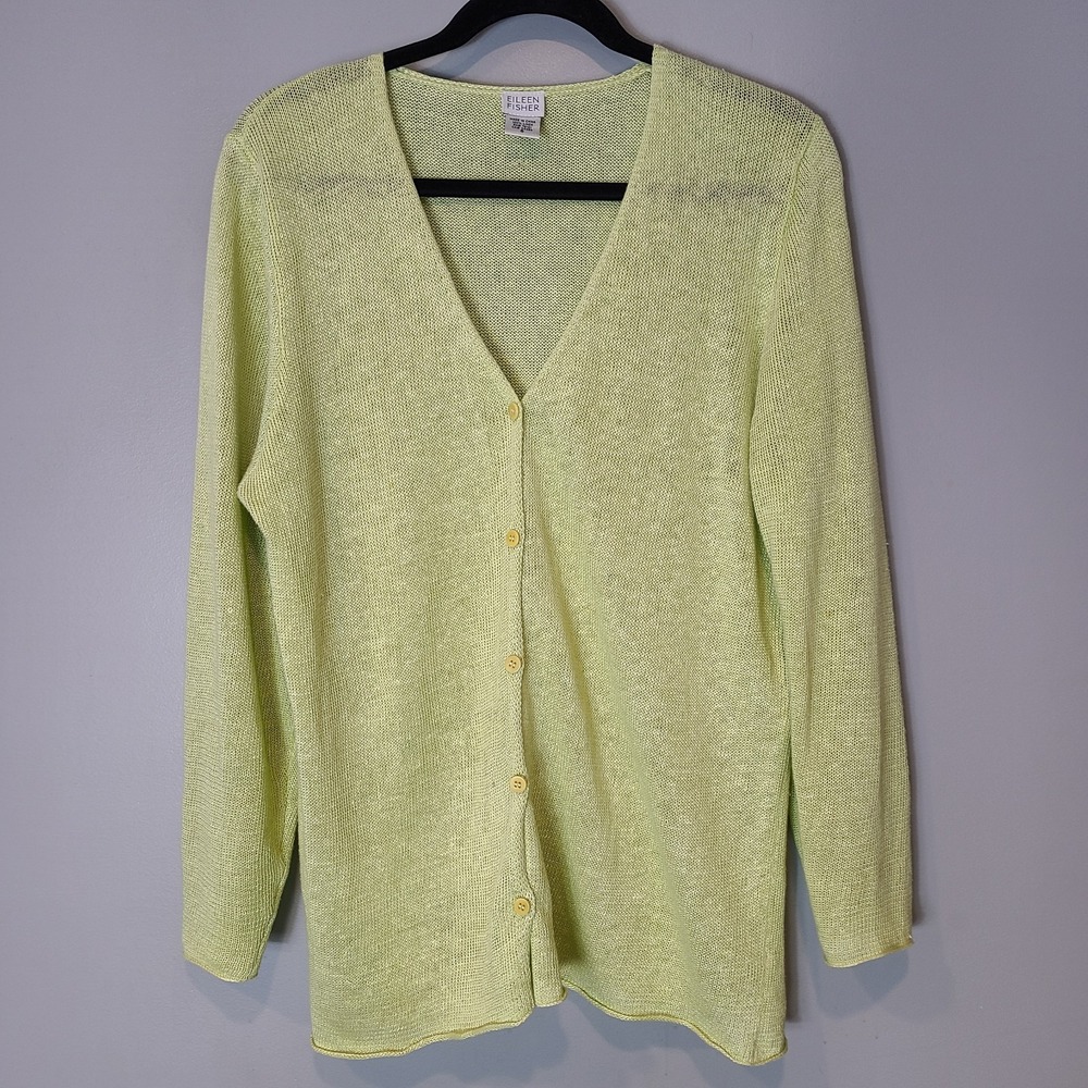 Eileen Fisher Linen Open Front Cardigan Sweater Green Size S Coastal Comfy Soft